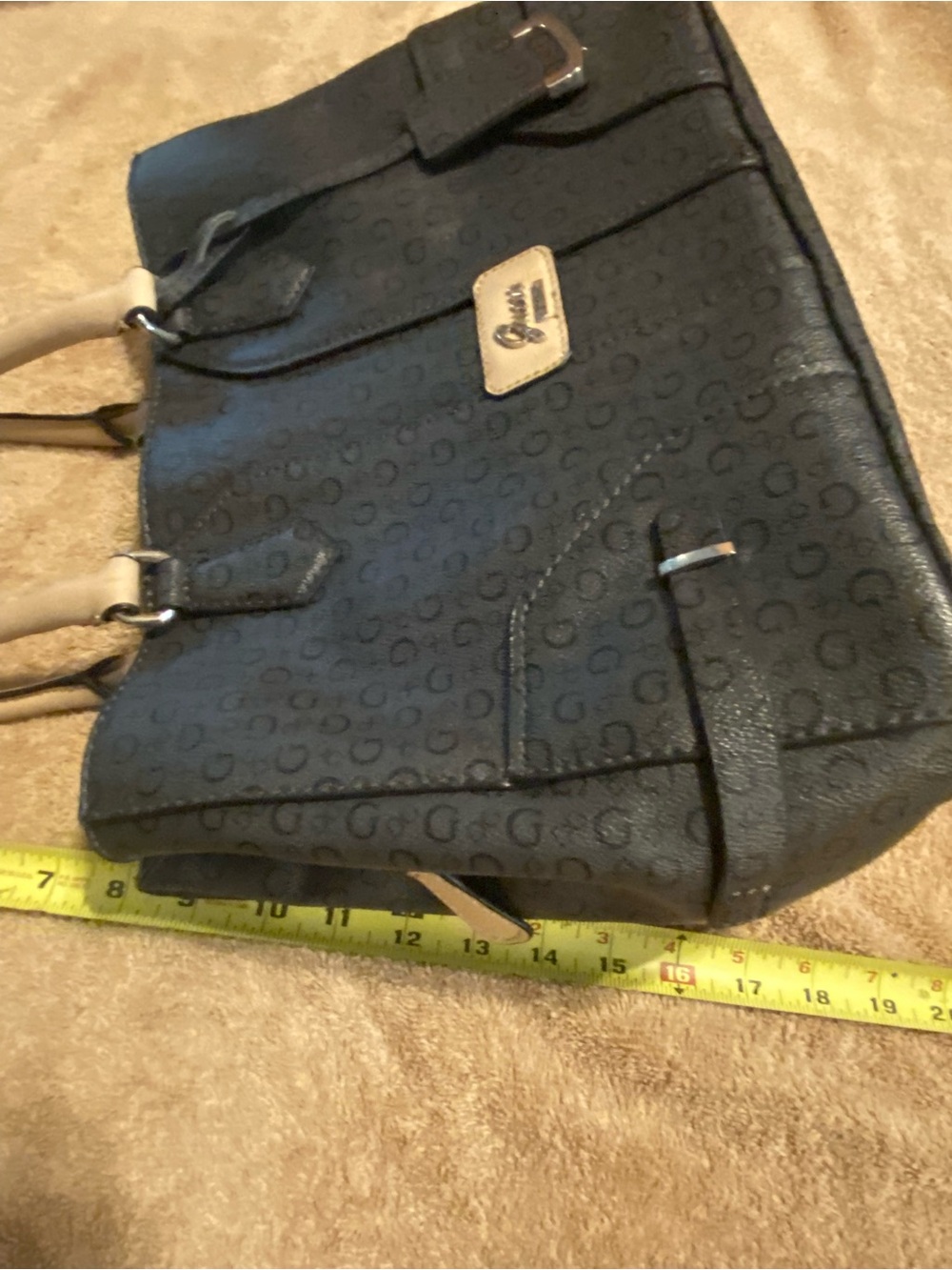 Guess Monogram Satchel Bag Y2K Charcoal Black Beige Top Handle - Picture 7 of 16